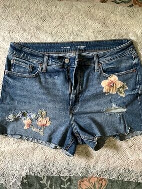 Straight Upcycled Floral Distressed Denim Shorts Size 14